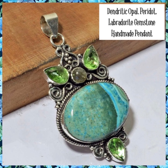Dendritic Opal • Peridot • Labradorite Gemstone Handmade Pendant - Picture 3 of 4
